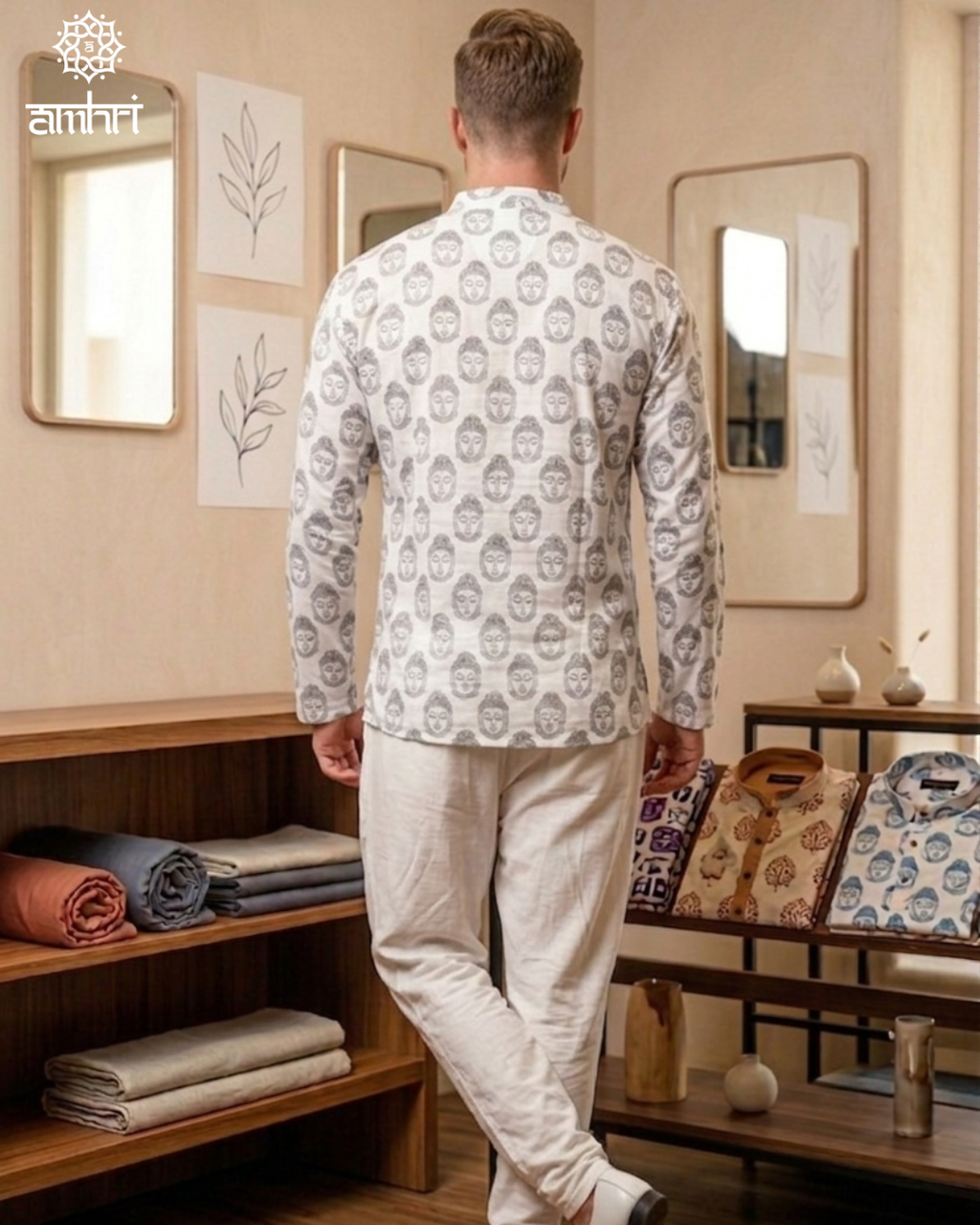 Cotton Printed Short Kurta in White & Black - Men’s Casual & Festive Wear