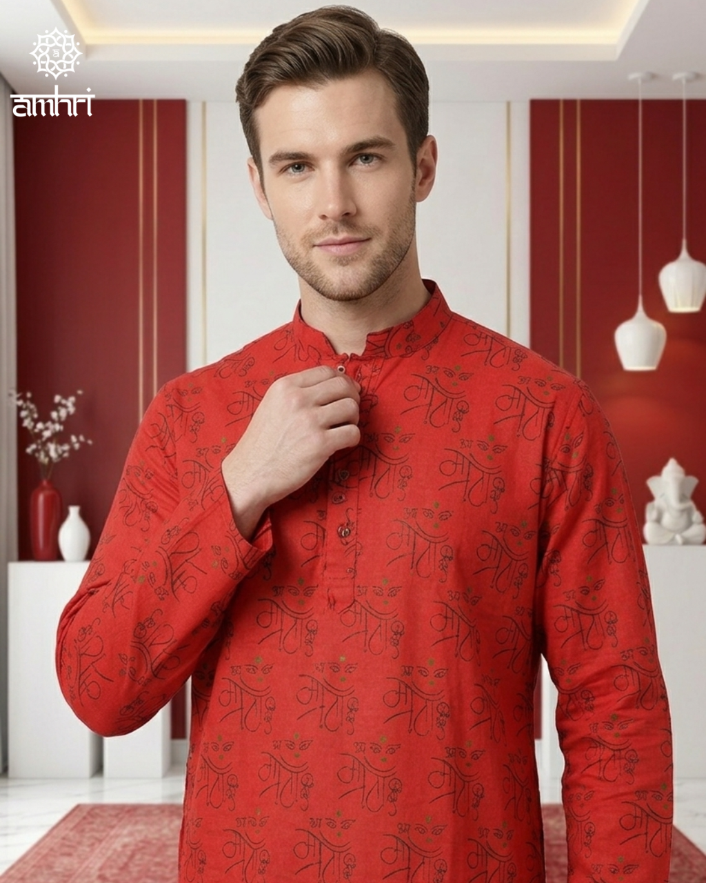 Men’s Red Cotton Printed Kurta