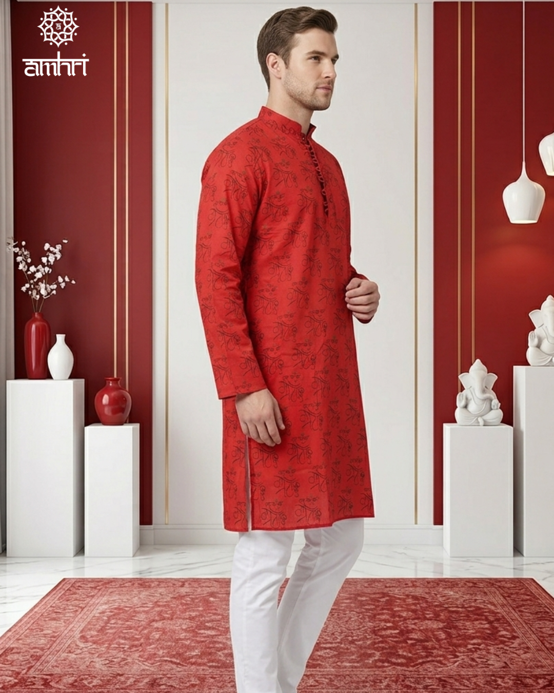 Men’s Red Cotton Printed Kurta