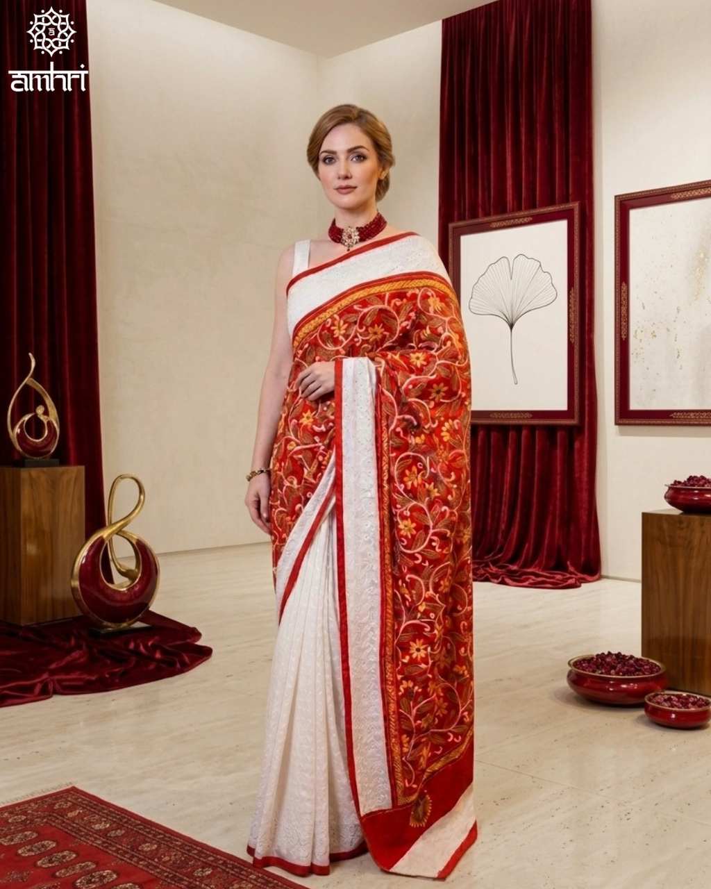 White & Red Hecuba Cotton Saree with Hand Kantha Stitch Embroidery