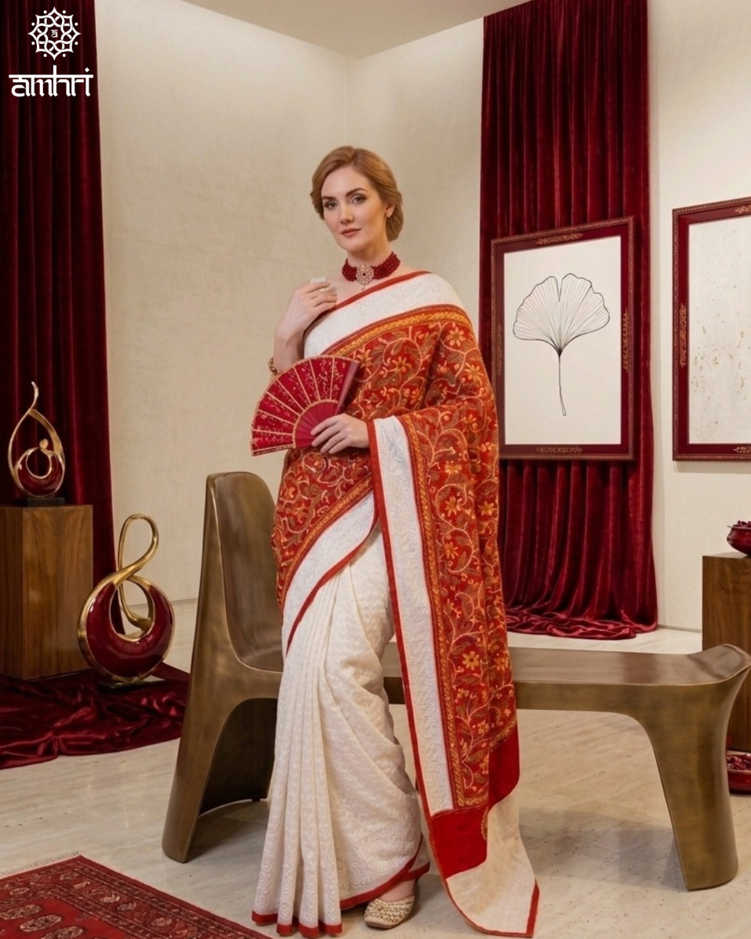 White & Red Hecuba Cotton Saree with Hand Kantha Stitch Embroidery