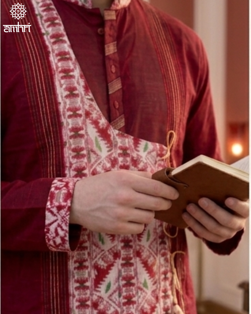 Handmade Cotton Jamdani Kurta in Red & White , Men’s Festive Wear