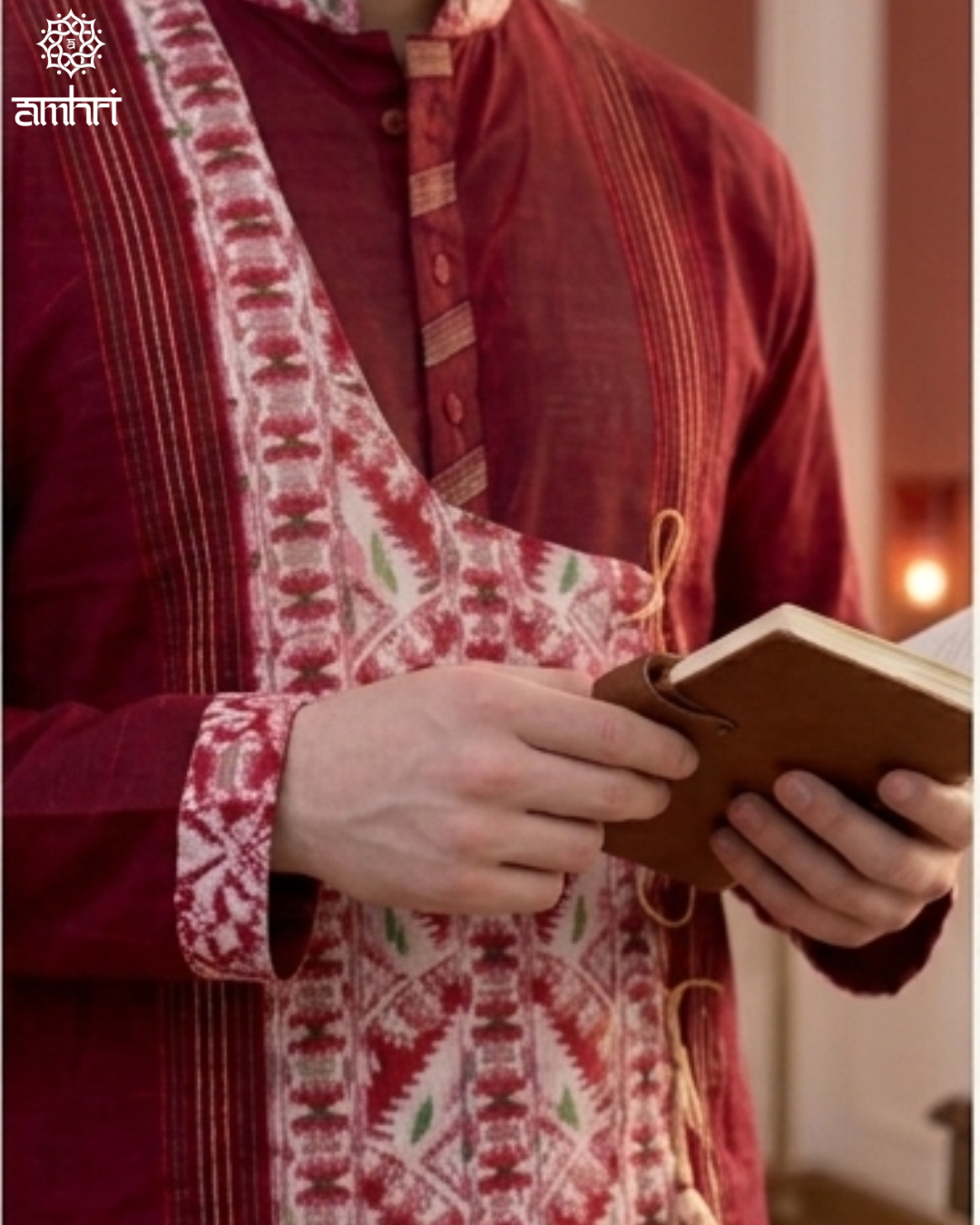 Handmade Cotton Jamdani Kurta in Red & White , Men’s Festive Wear