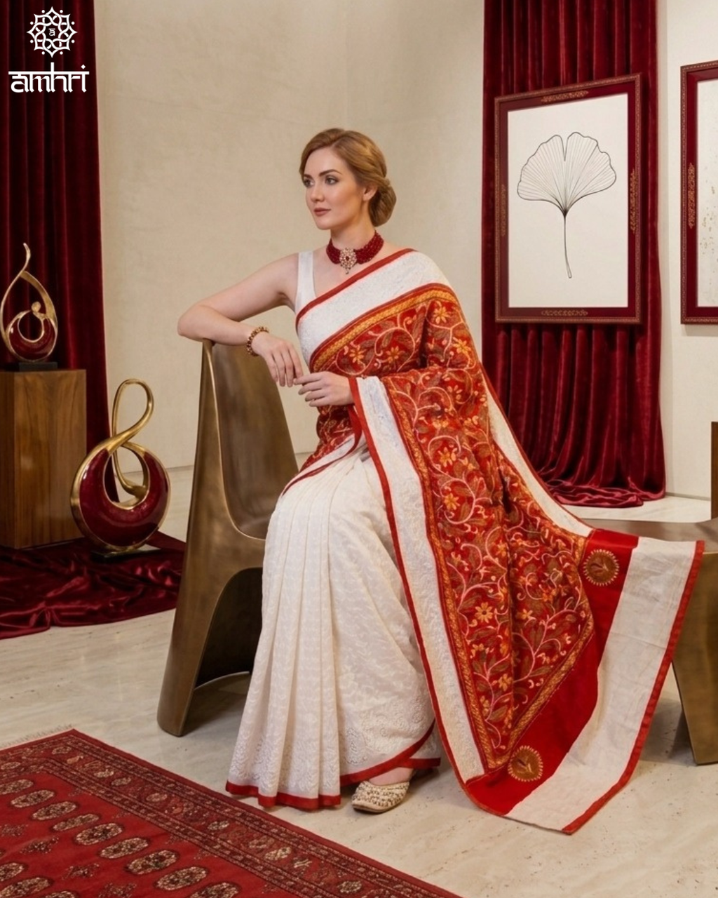 White & Red Hecuba Cotton Saree with Hand Kantha Stitch Embroidery