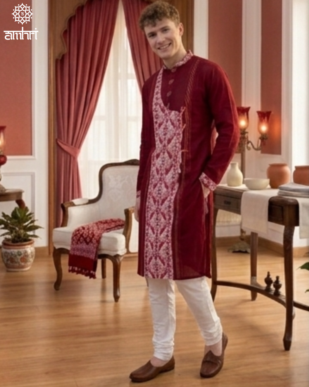Handmade Cotton Jamdani Kurta in Red & White , Men’s Festive Wear