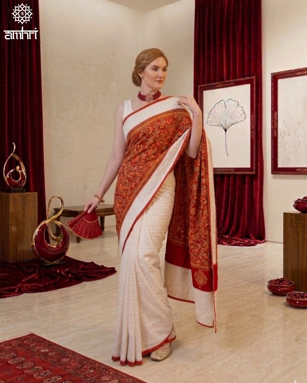 White & Red Hecuba Cotton Saree with Hand Kantha Stitch Embroidery