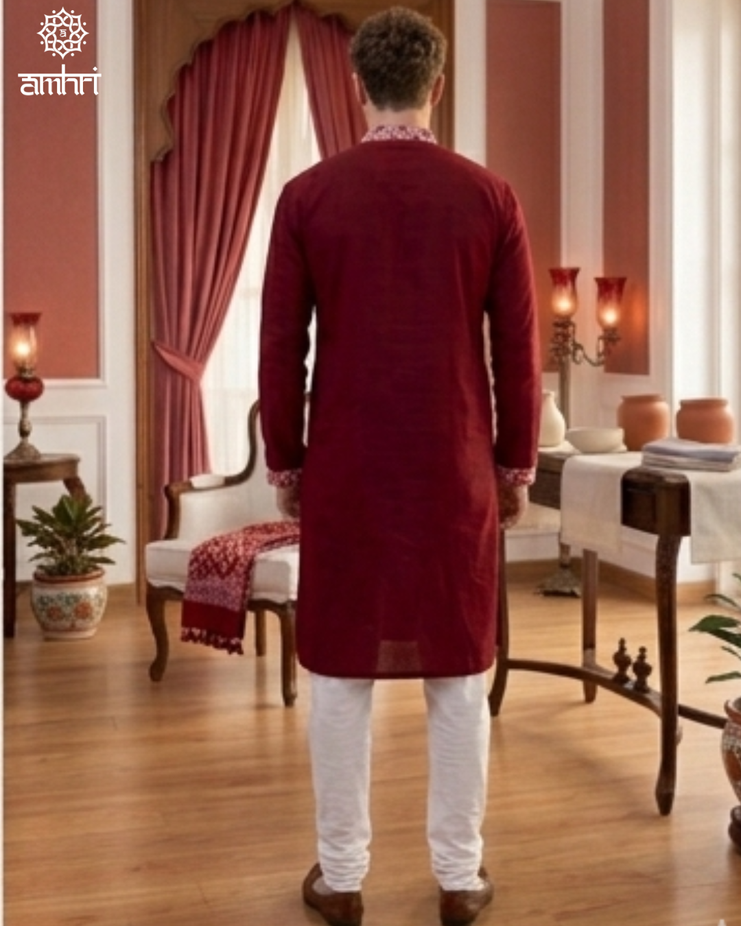 Handmade Cotton Jamdani Kurta in Red & White , Men’s Festive Wear