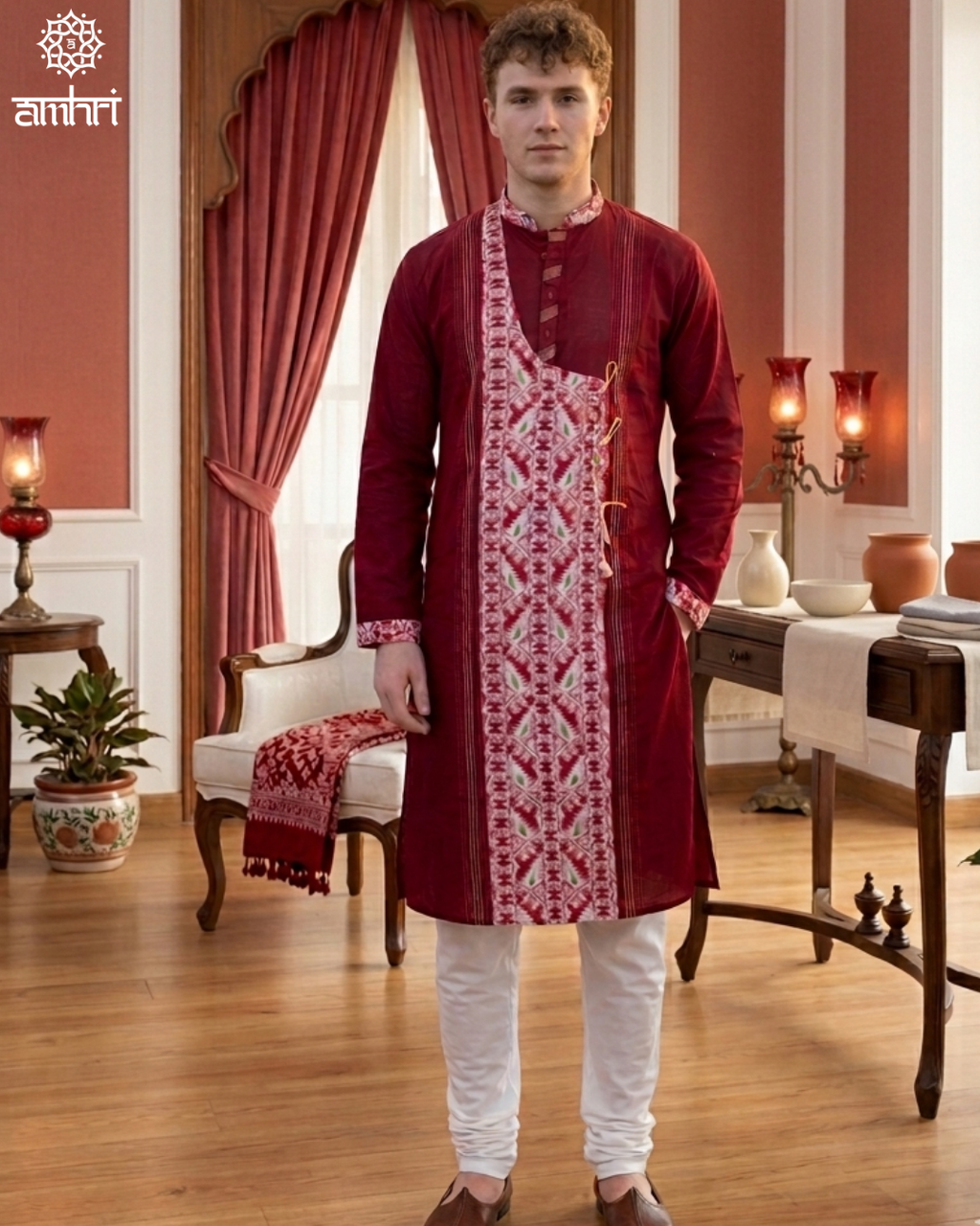 Handmade Cotton Jamdani Kurta in Red & White , Men’s Festive Wear
