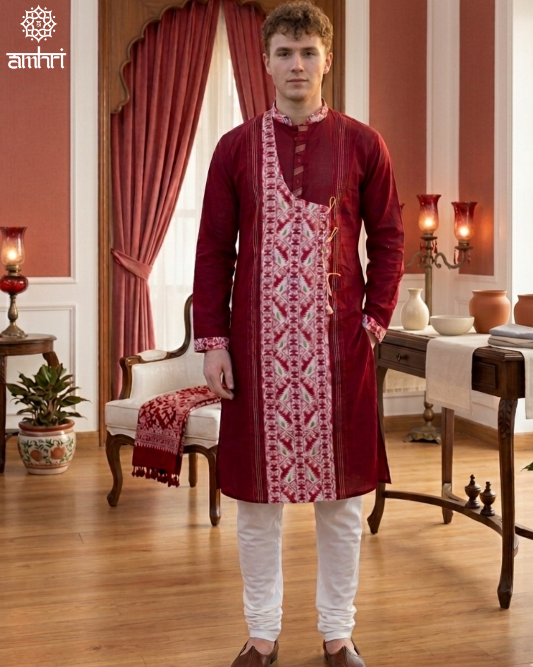 Handmade Cotton Jamdani Kurta in Red & White , Men’s Festive Wear