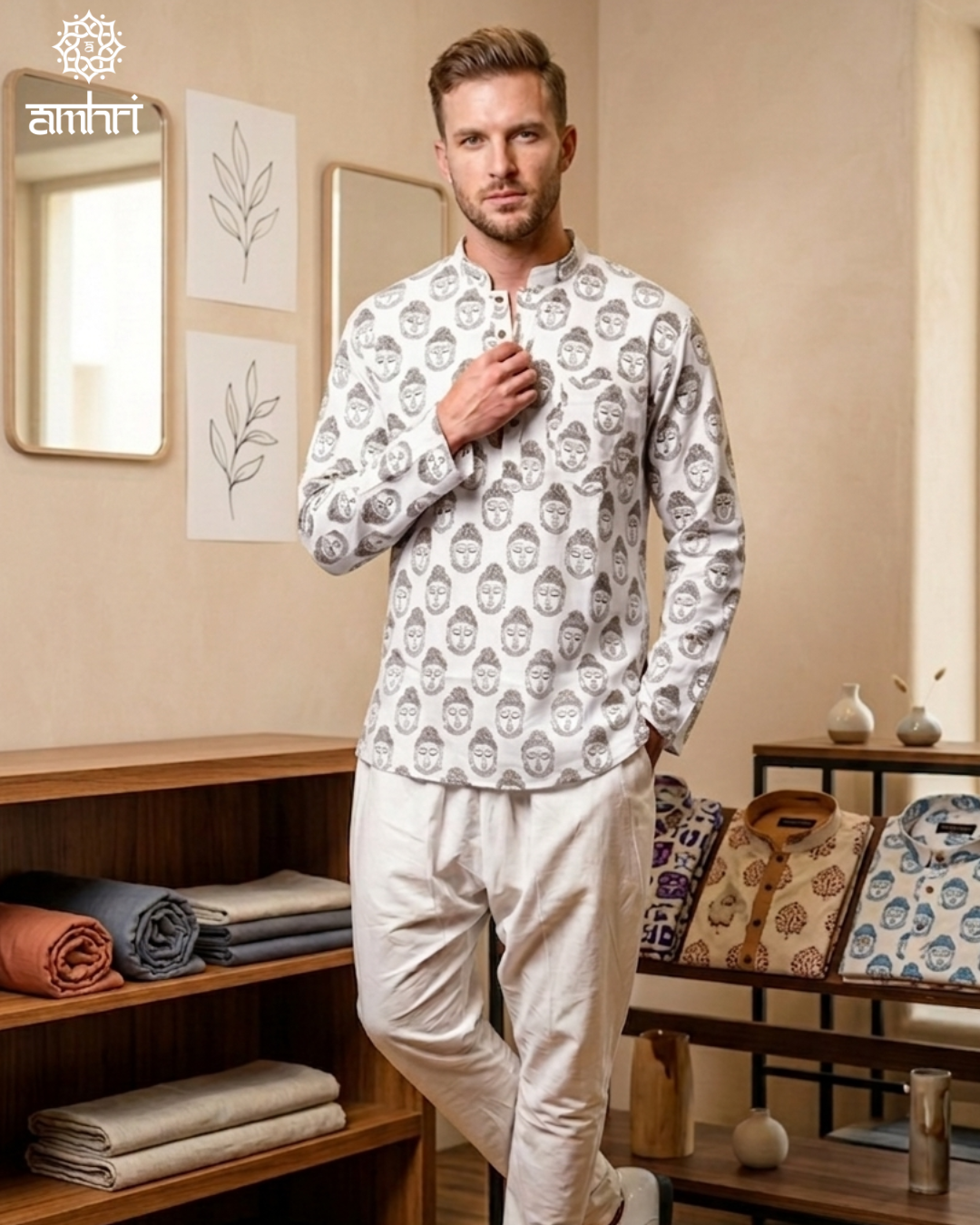 Cotton Printed Short Kurta in White & Black - Men’s Casual & Festive Wear