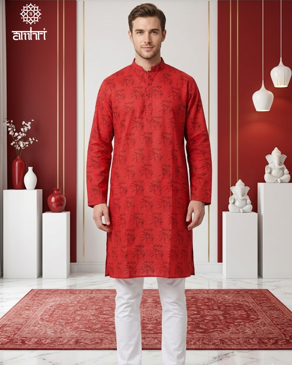 Men’s Red Cotton Printed Kurta