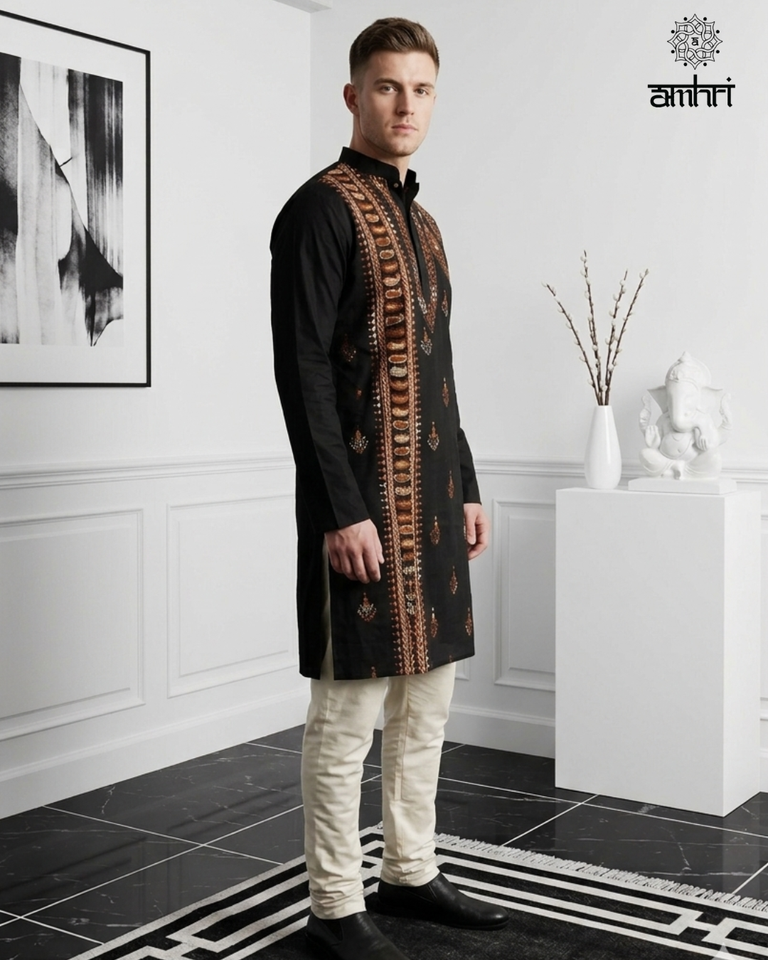 Men’s Black Cotton Hand Embroidered Kurta