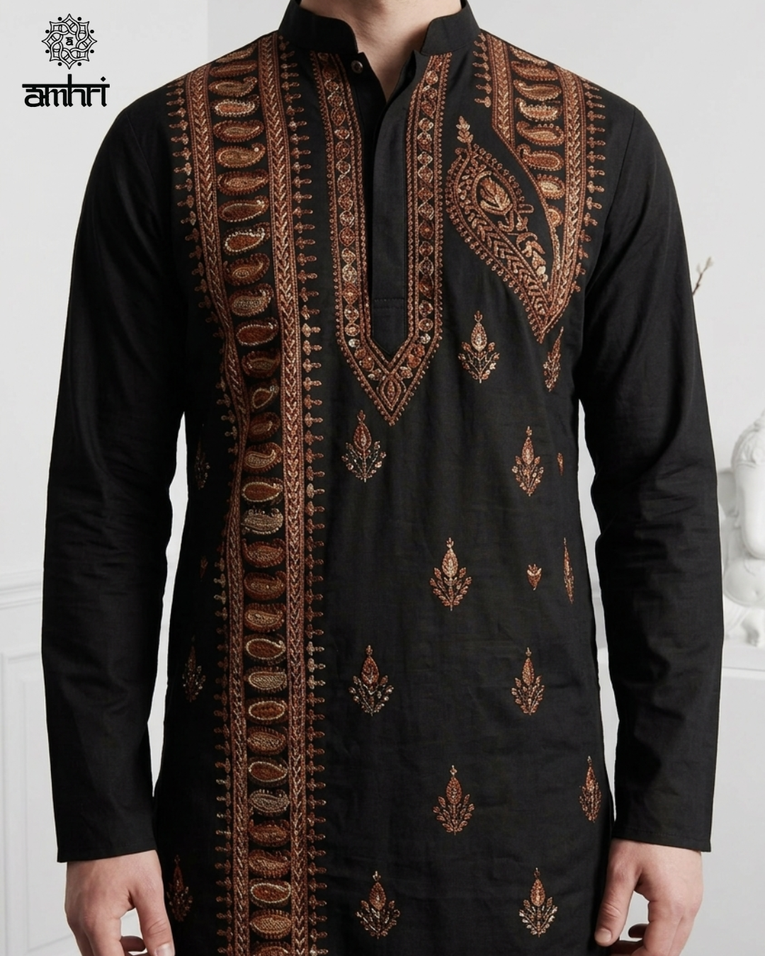 Men’s Black Cotton Hand Embroidered Kurta