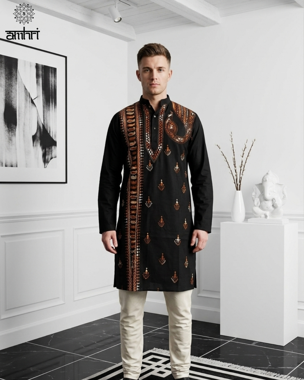 Men’s Black Cotton Hand Embroidered Kurta