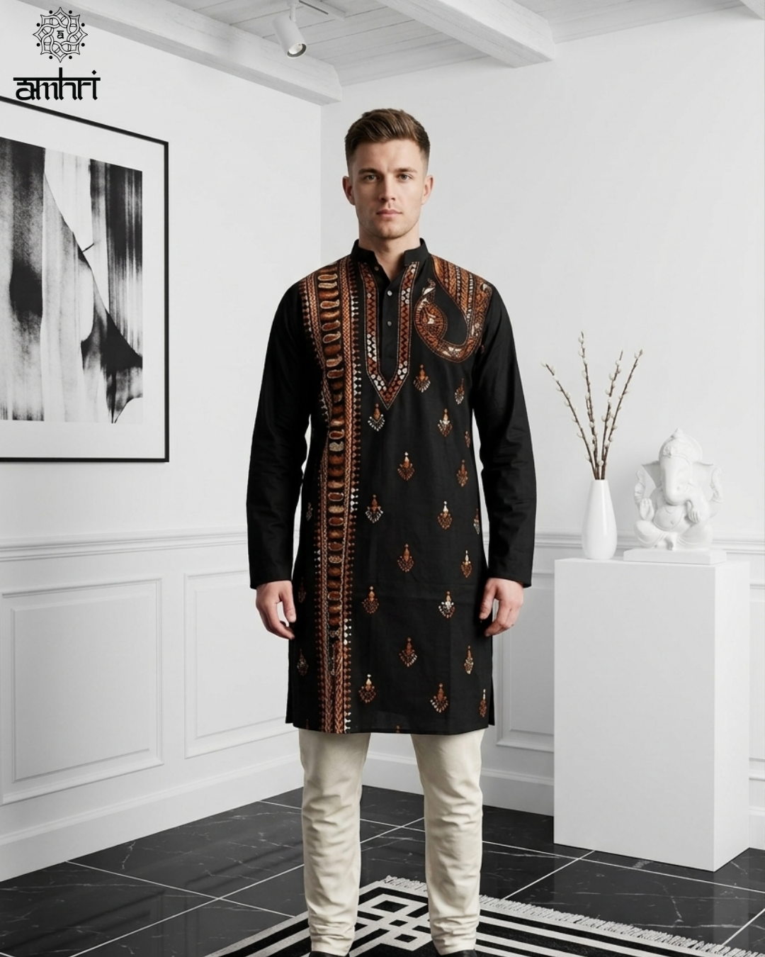 Men’s Black Cotton Hand Embroidered Kurta