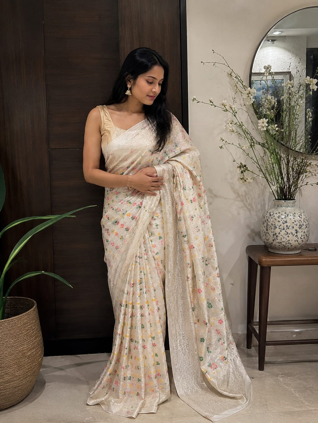 Premium Ivory Silk Saree with Kundan Kaj Work