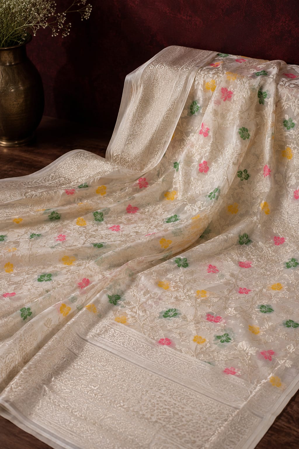 Premium Ivory Silk Saree with Kundan Kaj Work