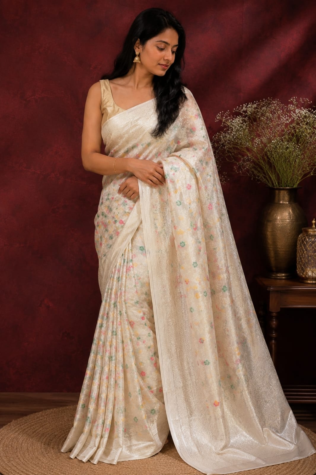 Premium Ivory Silk Saree with Kundan Kaj Work