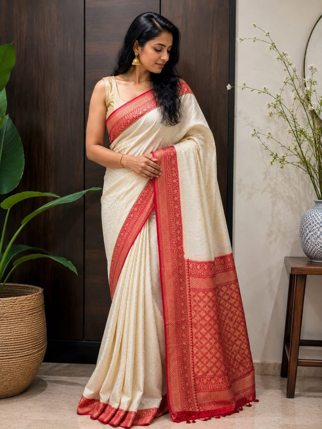 Premium Manipuri Silk Saree in Ivory White with Royal Red Woven Border