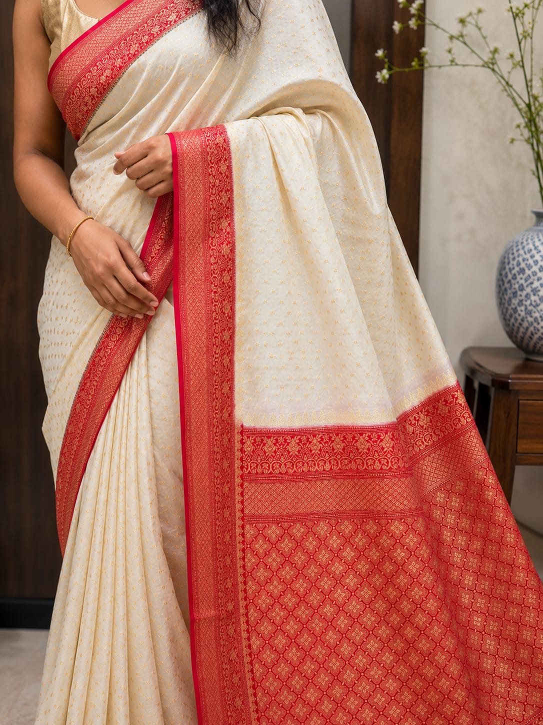Premium Manipuri Silk Saree in Ivory White with Royal Red Woven Border