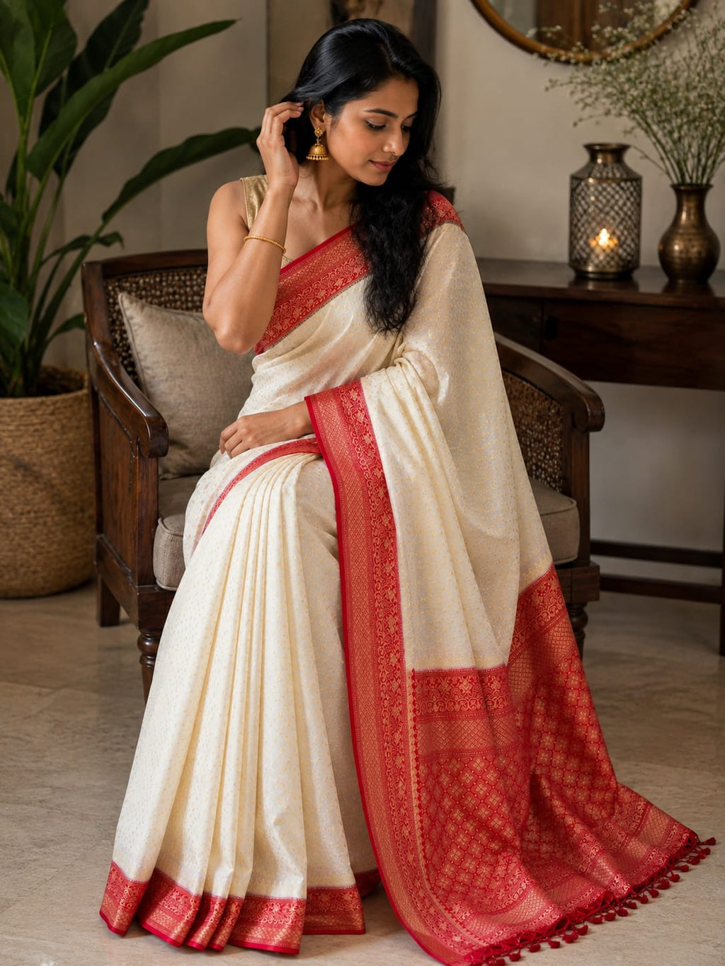 Premium Manipuri Silk Saree in Ivory White with Royal Red Woven Border