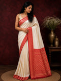 Premium Manipuri Silk Saree in Ivory White with Royal Red Woven Border