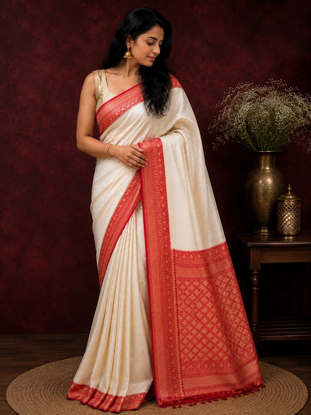 Premium Manipuri Silk Saree in Ivory White with Royal Red Woven Border