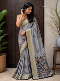 Premium Grey Buliyan Silk Saree with Hand Embroidery | Designer Embroidered Silk Saree