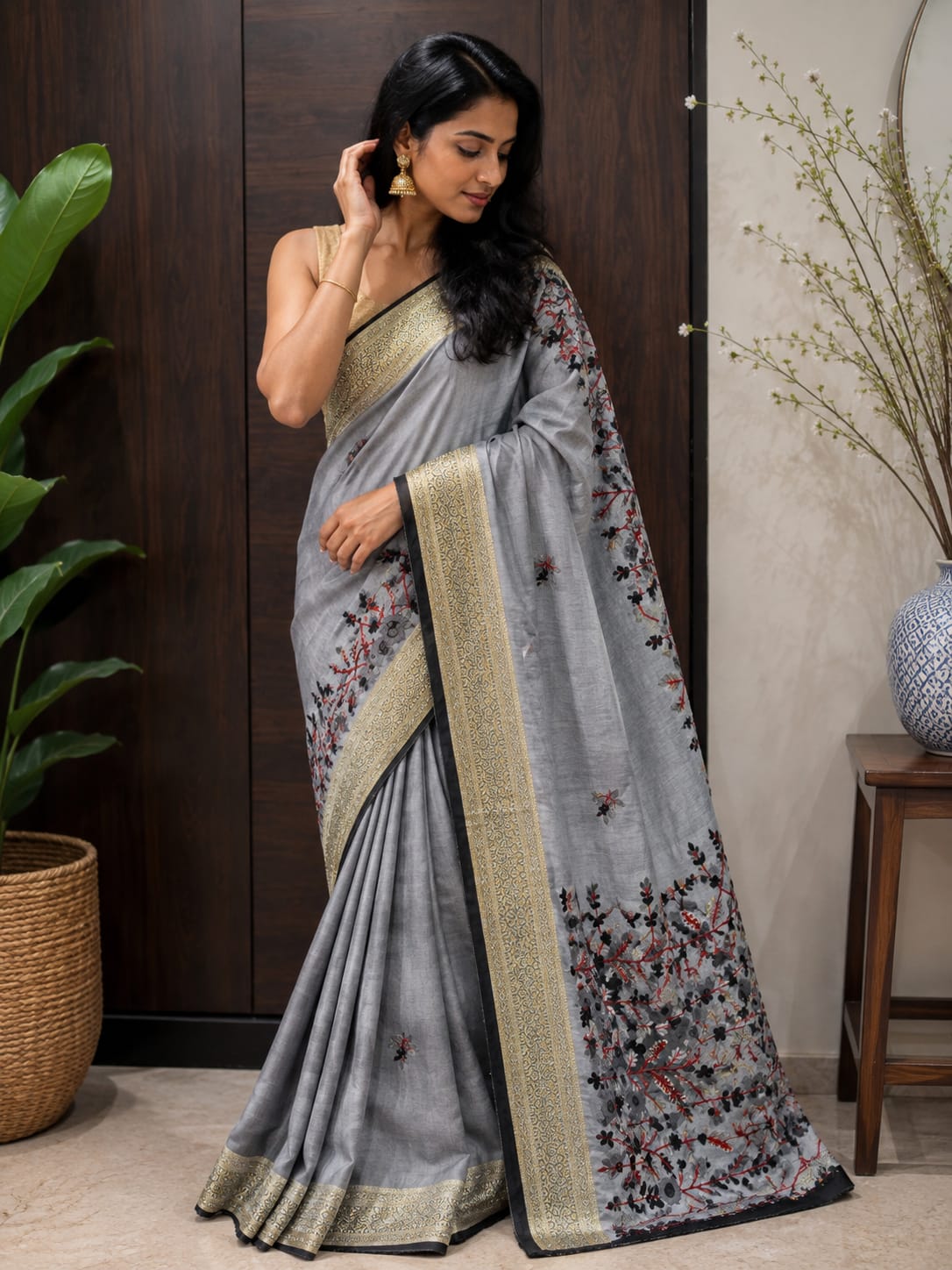 Premium Grey Buliyan Silk Saree with Hand Embroidery | Designer Embroidered Silk Saree