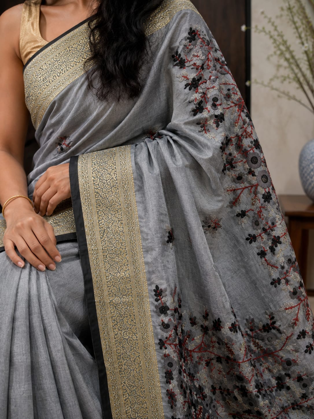 Premium Grey Buliyan Silk Saree with Hand Embroidery | Designer Embroidered Silk Saree