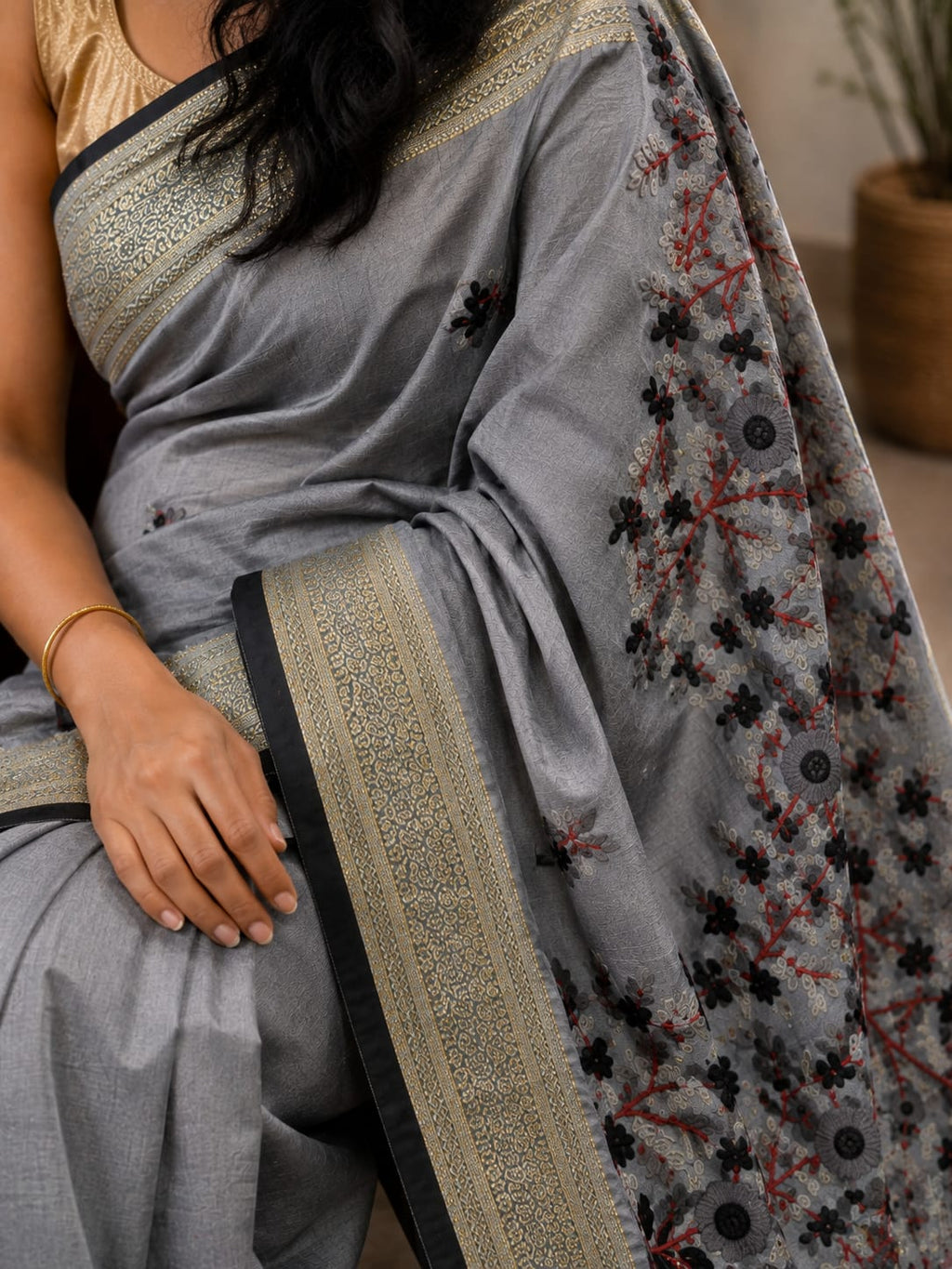 Premium Grey Buliyan Silk Saree with Hand Embroidery | Designer Embroidered Silk Saree