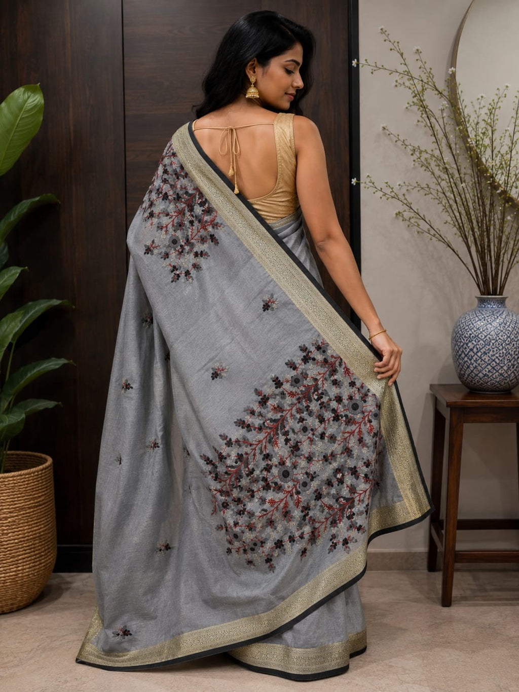 Premium Grey Buliyan Silk Saree with Hand Embroidery | Designer Embroidered Silk Saree