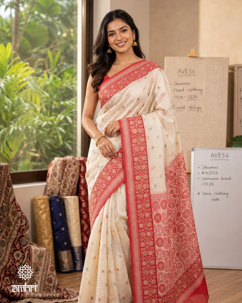 Ivory Silk Saree with Rich Red Handcrafted Border