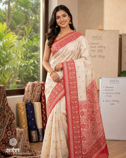 Ivory Silk Saree with Rich Red Handcrafted Border