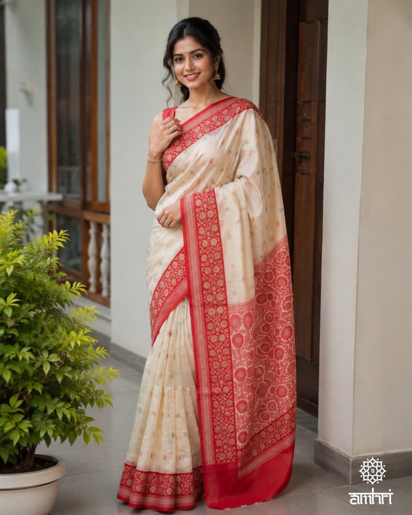 Ivory Silk Saree with Rich Red Handcrafted Border