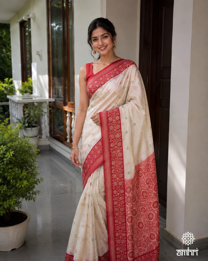 Ivory Silk Saree with Rich Red Handcrafted Border