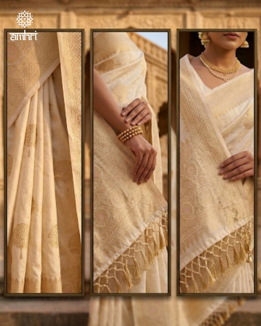 Elegant Off-White Silk Saree with Golden Woven Motifs
