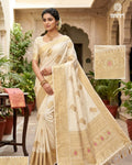 Elegant Off-White Silk Saree with Golden Woven Motifs