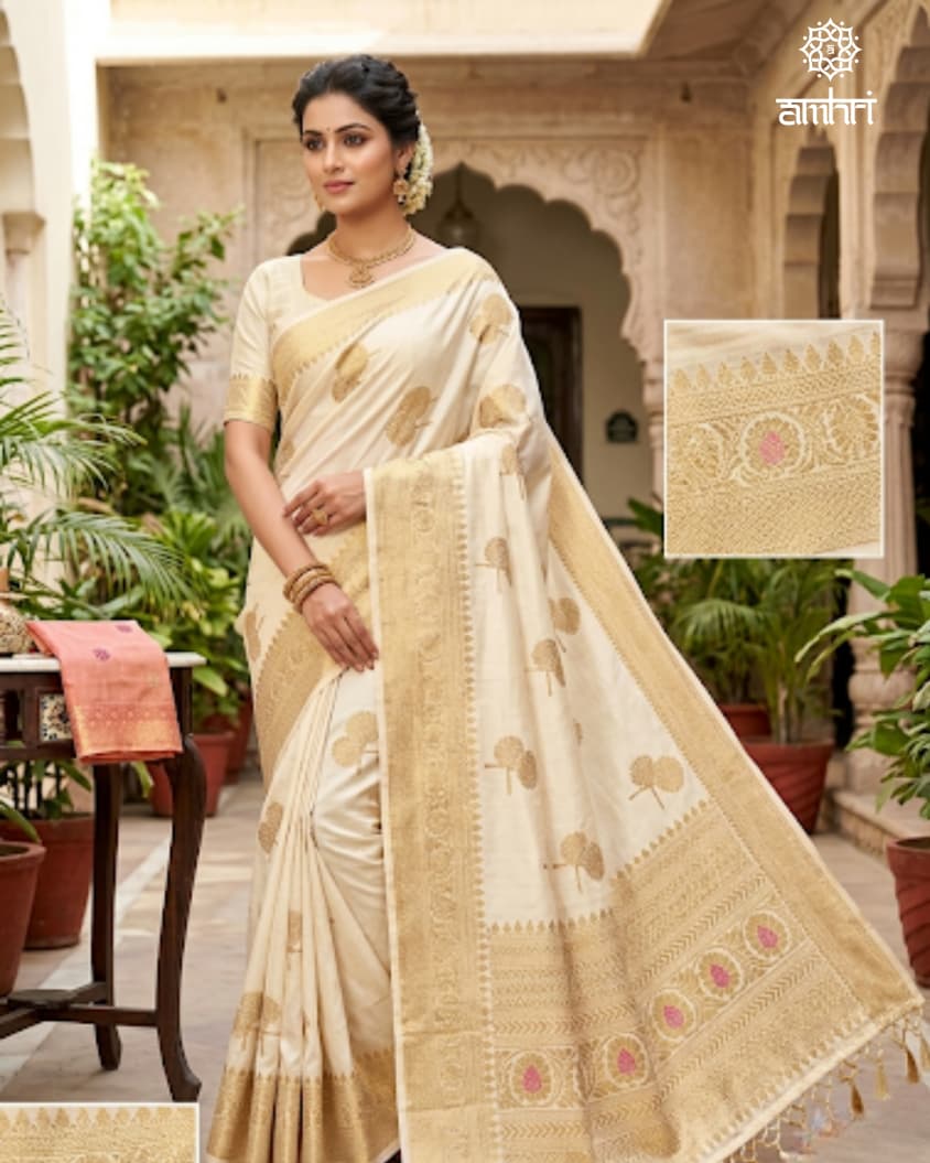 Elegant Off-White Silk Saree with Golden Woven Motifs