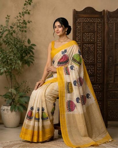 Murshidabadi Hand-Printed Manipuri Silk Saree