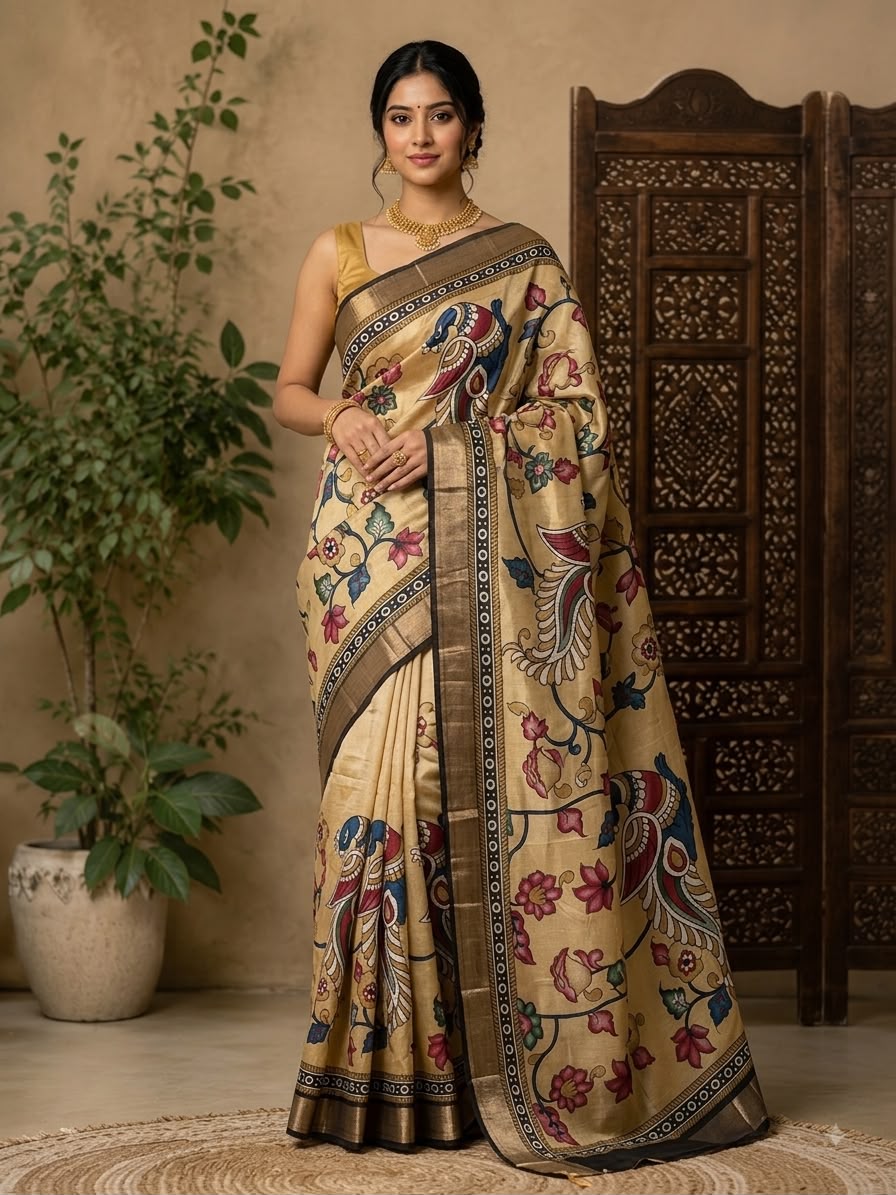 Kalamkari Jorget Silk Saree with Traditional Print