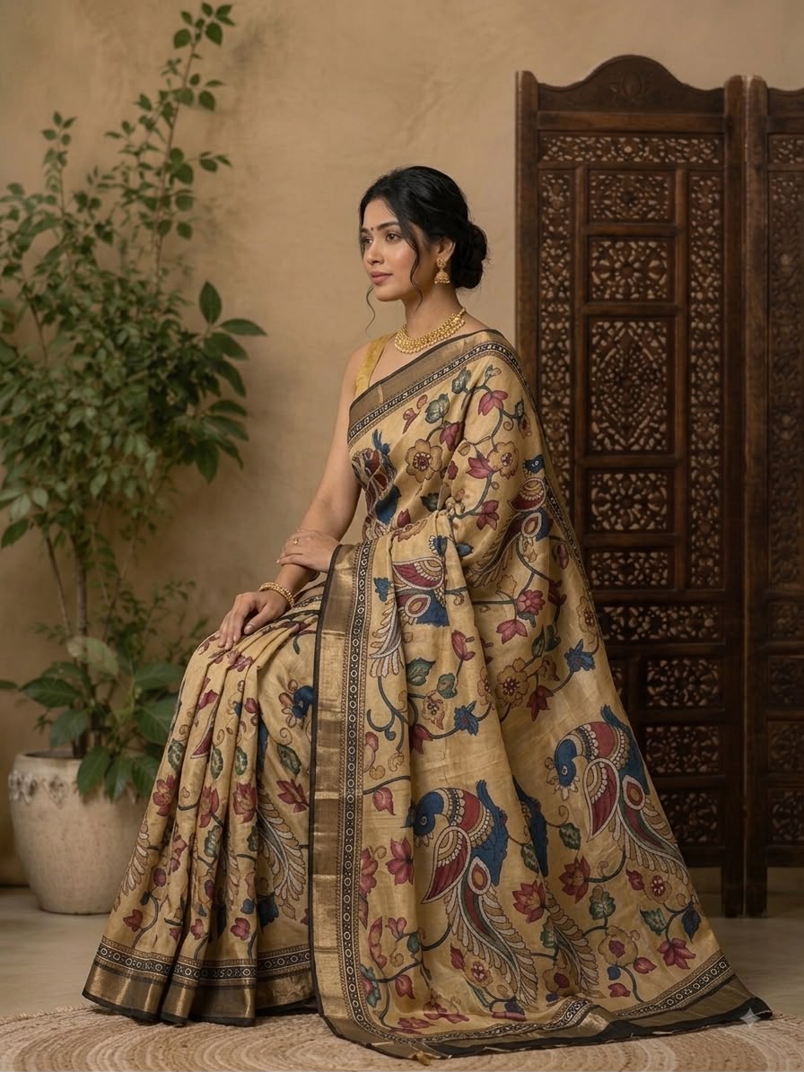 Kalamkari Jorget Silk Saree with Traditional Print