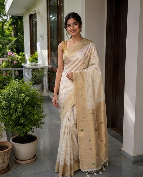 Elegant Beige Baluchuri Silk Saree with Traditional Handwoven Motifs