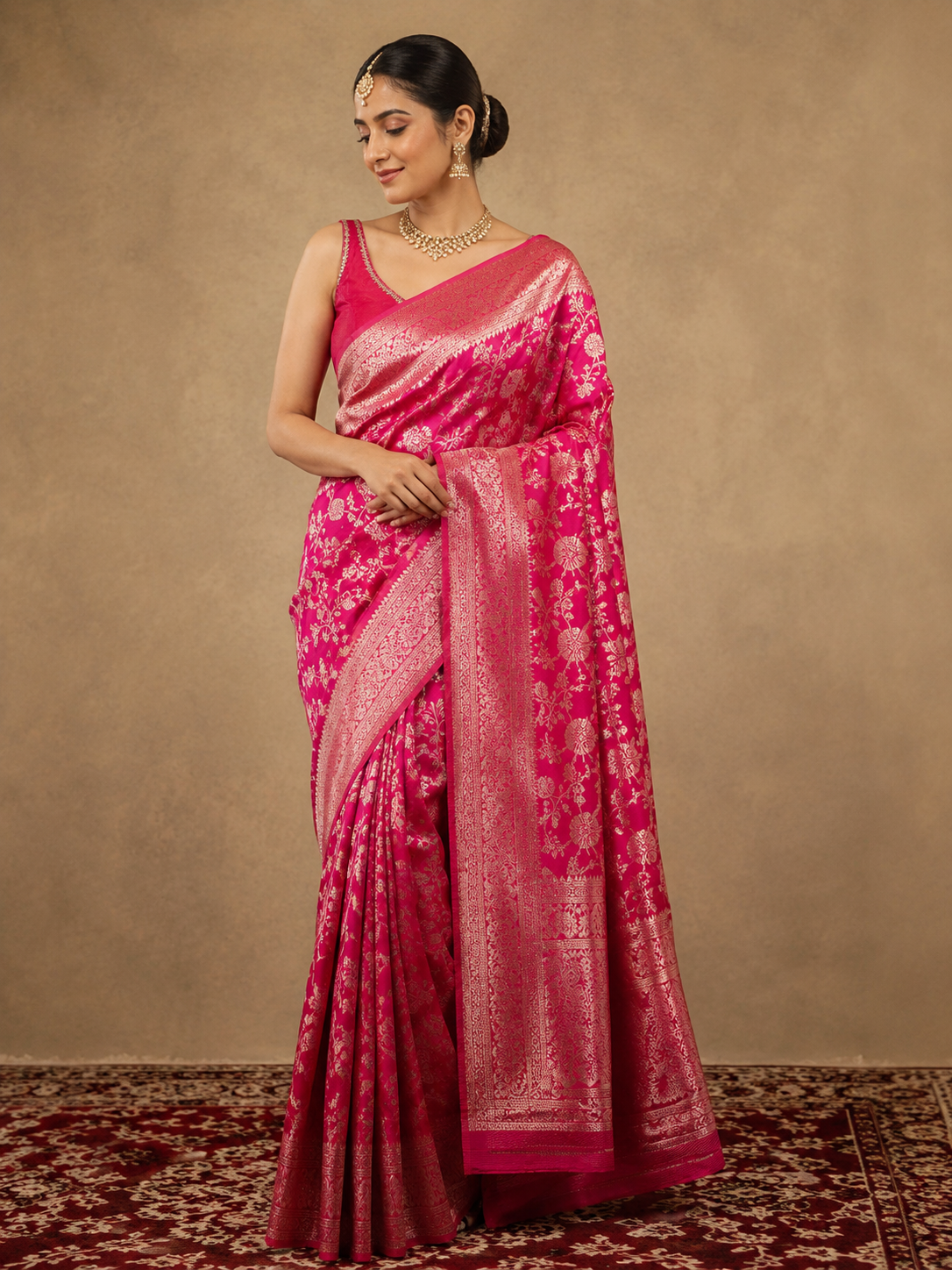 Women's Rani Pink Silk Saree with Silver Zari Floral Weaving