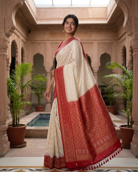 Red & Cream Manipuri Silk Saree with Traditional Woven Motifs